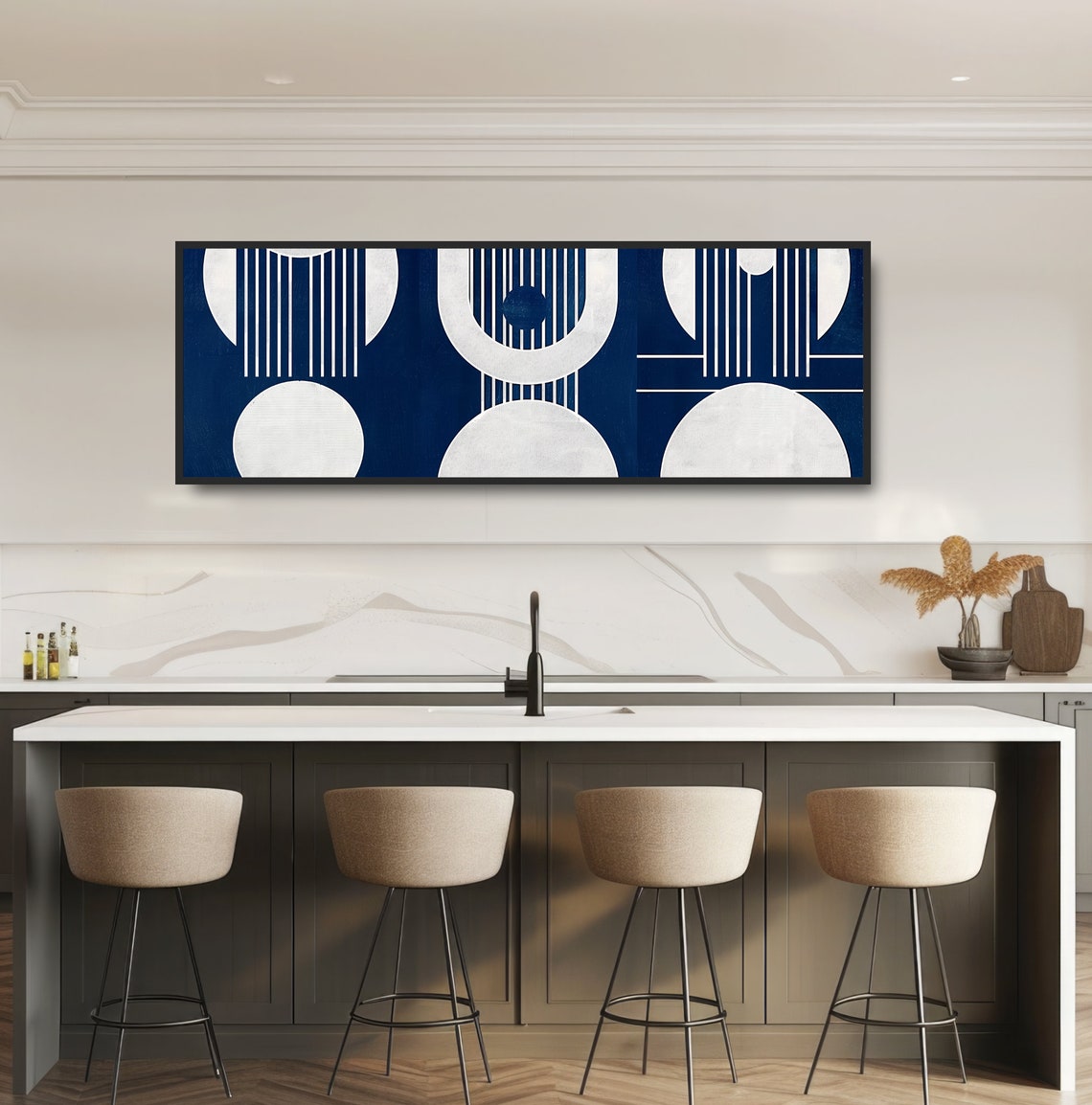 Geometric Shapes Abstract Painting Navy Blue White Monochromatic Minimalist Midcentury Modern Art Panoramic Elegant Circles Art Deco Decor - Image 3