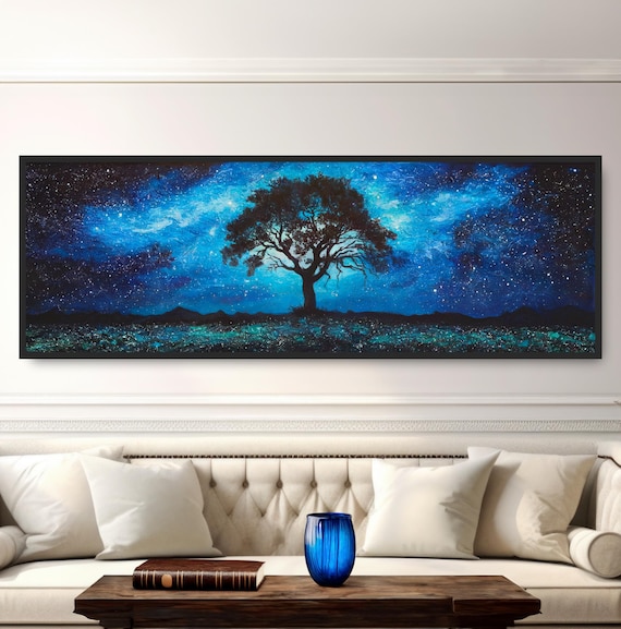 Lone Oak Starry Night Sky Painting Celestial Galaxy Wall Print
