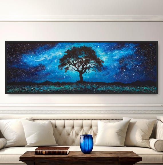 Lone Oak Tree Starry Night Painting Print Deep Blue Black Wall Art Panoramic Art Celestial Decor Rustic Starlit Mystical Landscape