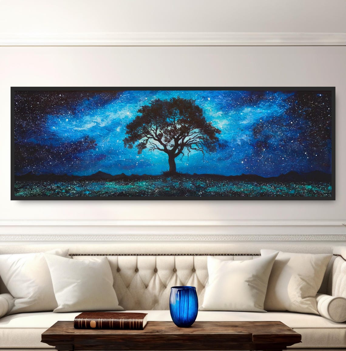 Lone Oak Tree Starry Night Painting Print Deep Blue Black Wall Art Panoramic Art Celestial Decor Rustic Starlit Mystical Landscape