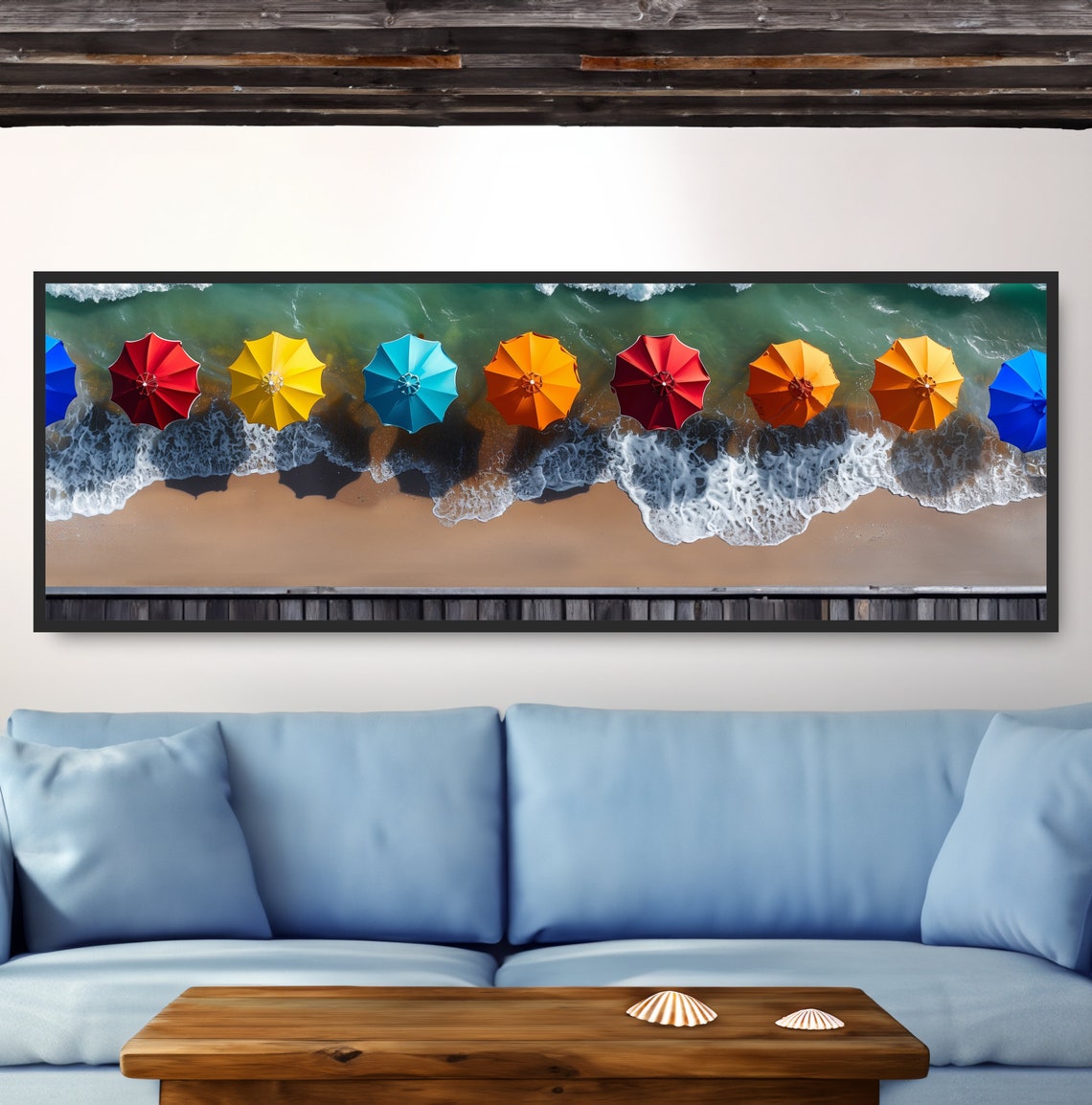 Aerial Colorful Beach Umbrellas Shoreline Waves Birdseye Photo Poster