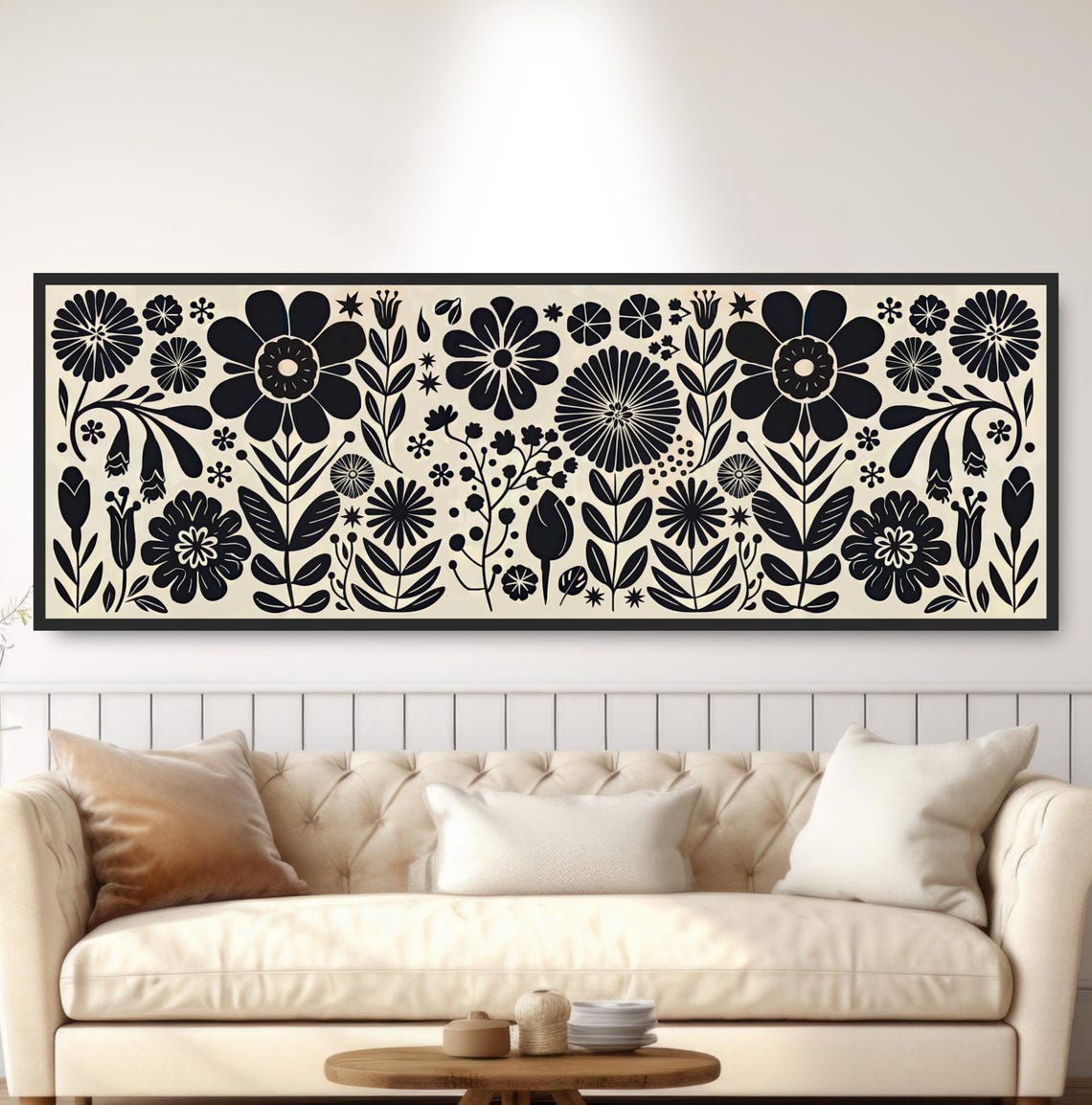 Minimalist Black Beige Floral Pattern Panoramic Boho Botanical Print