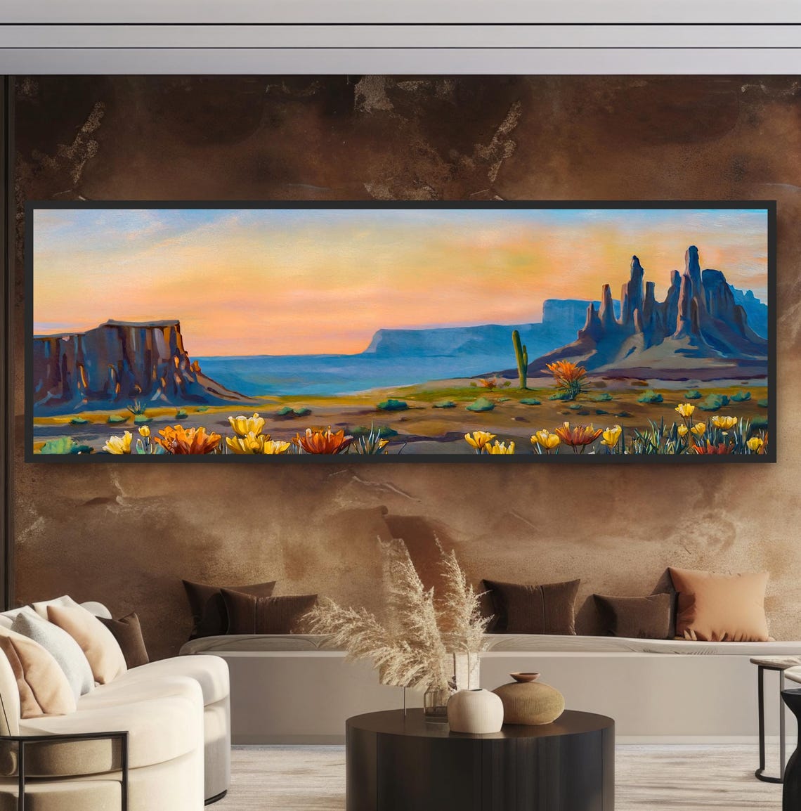Desert Buttes Sunset Panoramic Painting Red Rock Mesas Wildflower Art