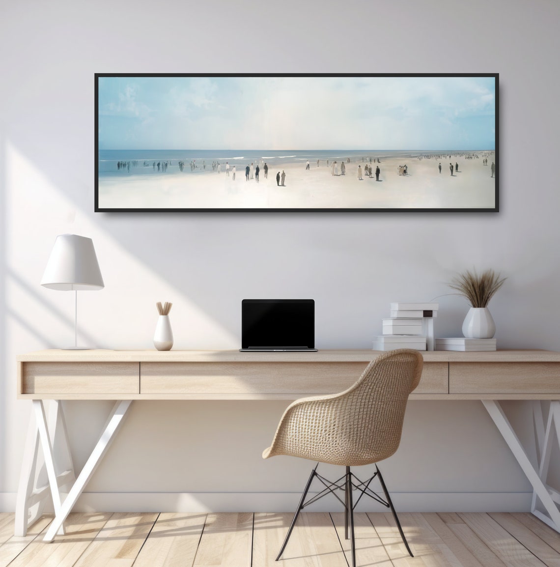 Vintage Pastel Seaside Beach Crowd Soft Blue Sky Retro Wall Poster - Image 2