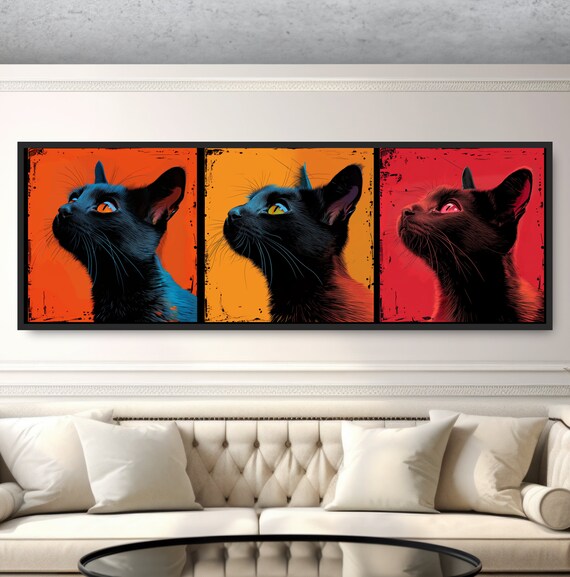 Black Cat Pop Art Triptych Comic Style Colorful Feline Wall Art Poster