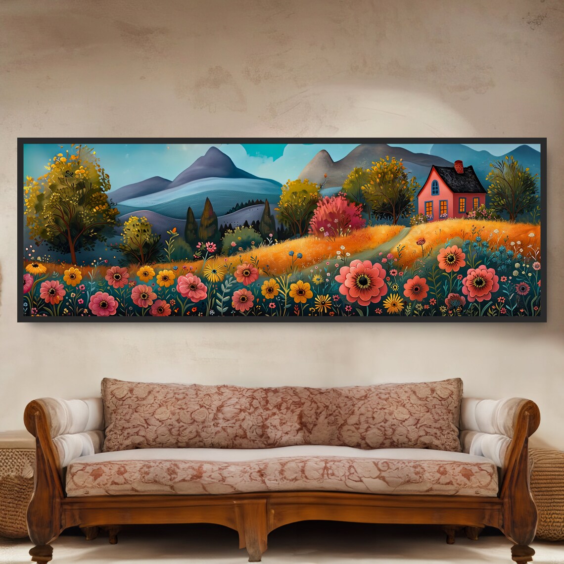 Whimsical Mountain Cottage Folk Art, Farmhouse Art Print
