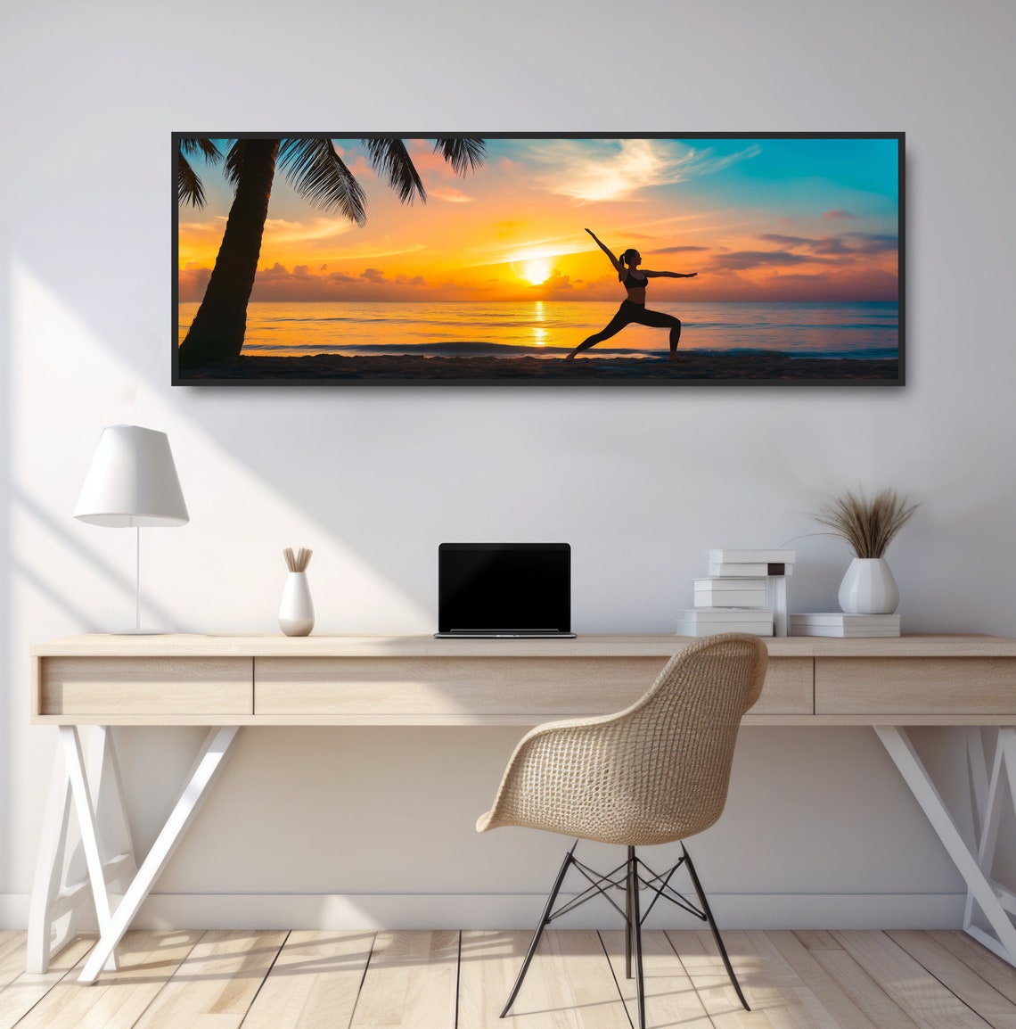 Golden Sunset Beach Yoga Warrior Pose Palm Tree Silhouette Poster - Image 3