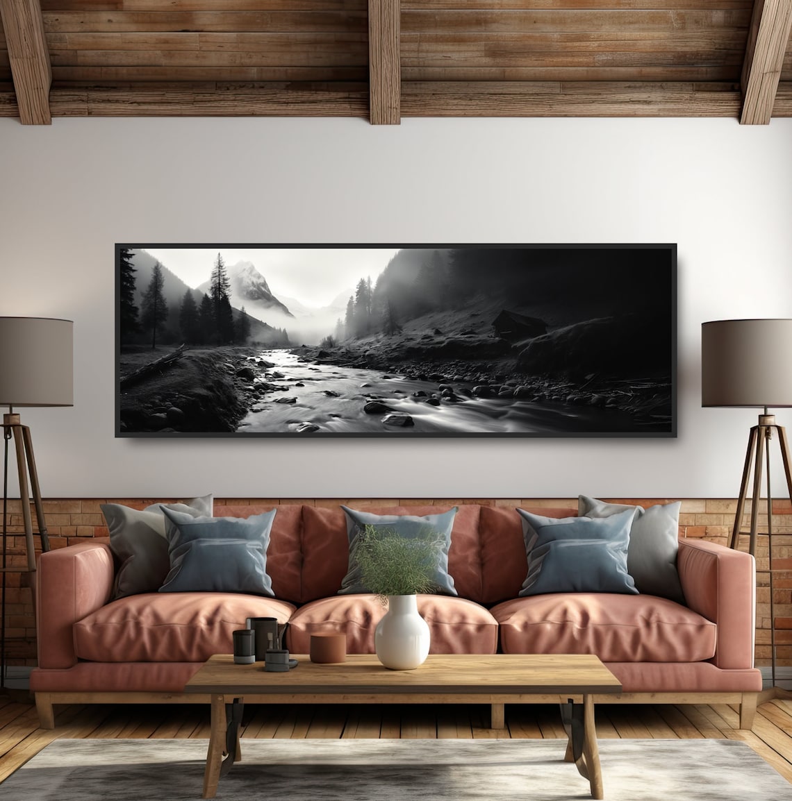 Bold Mountain River Black and White Landscape Print - Image 5