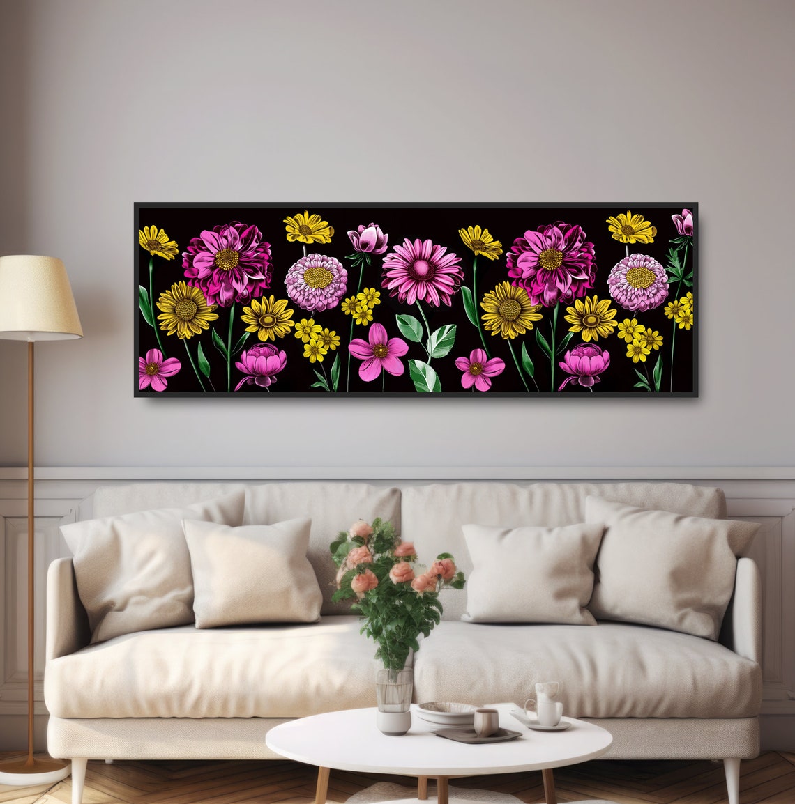 Pink Yellow Flowers Black Background Watercolor Floral Art Poster - Image 5