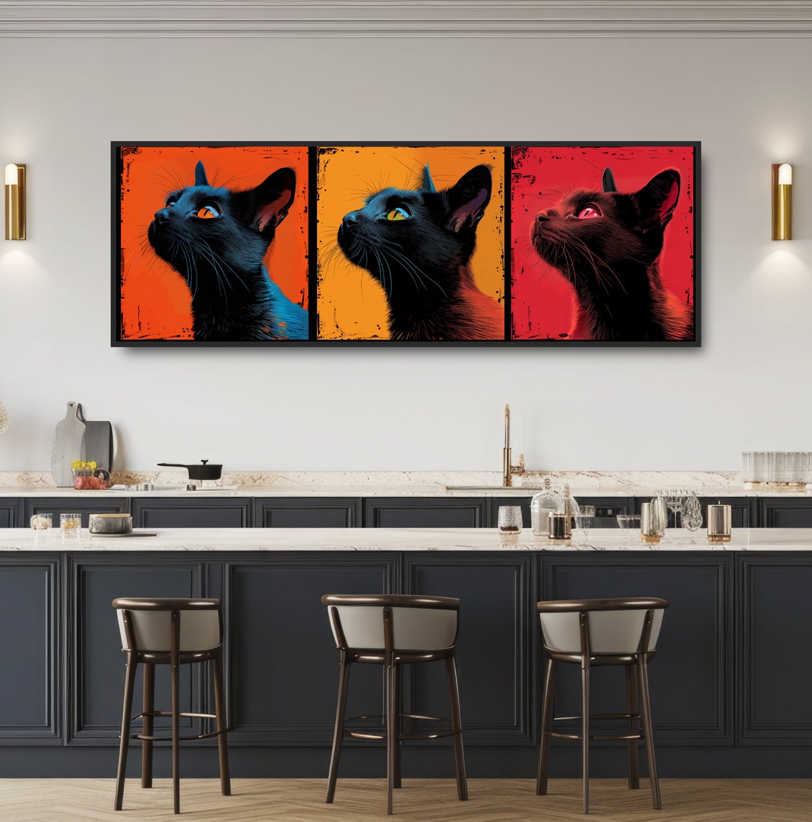 Black Cat Pop Art Triptych Comic Style Colorful Feline Wall Art Poster - Image 3
