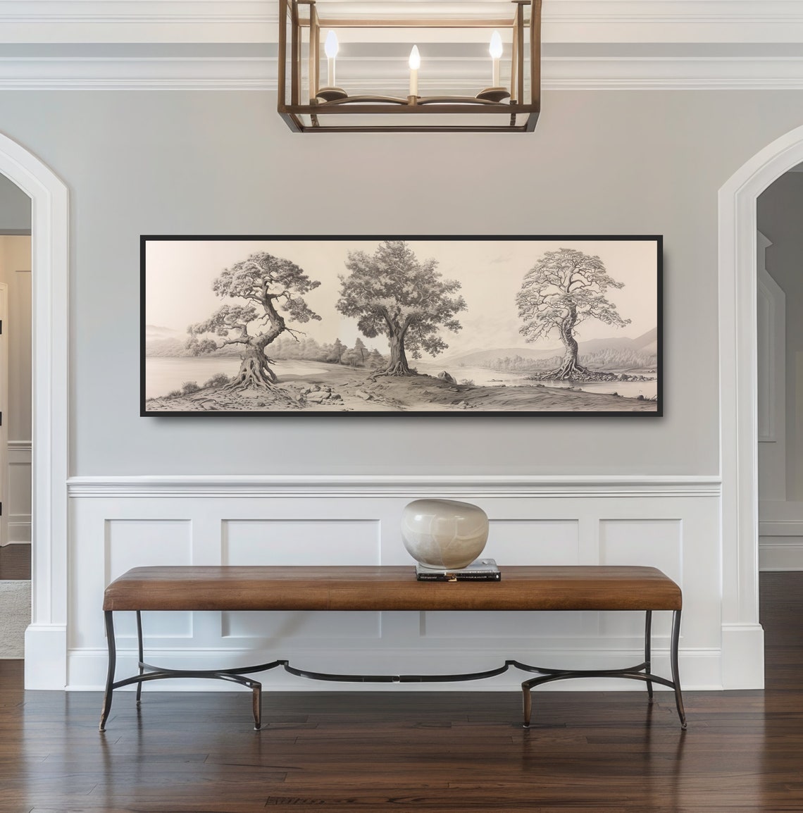 Three Trees Vintage Drawing Sepia Landscape Farmhouse Wall Art - Image 2