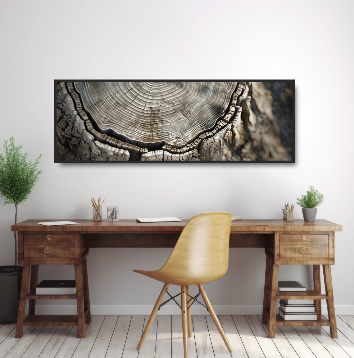 Weathered Tree Stump Rings Wall Art Print Aged Wood Trunk Cross Section Beige Grey Neutral Earth Tones Forest Boho Decor Panoramic - Image 2