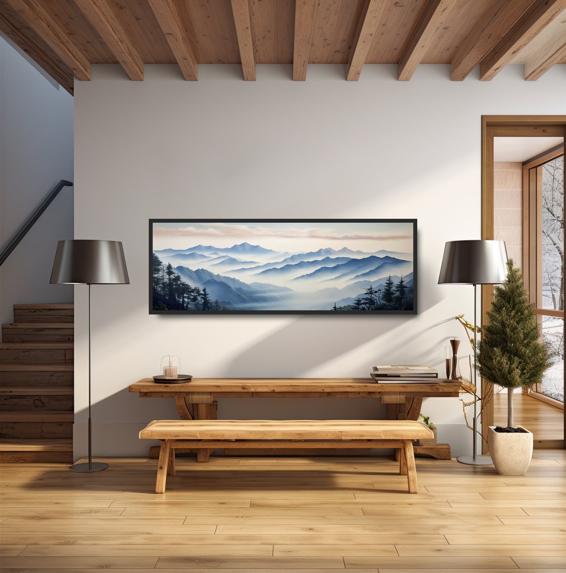 Misty Blue Mountain Layers Panoramic Watercolor Landscape Poster - Image 3