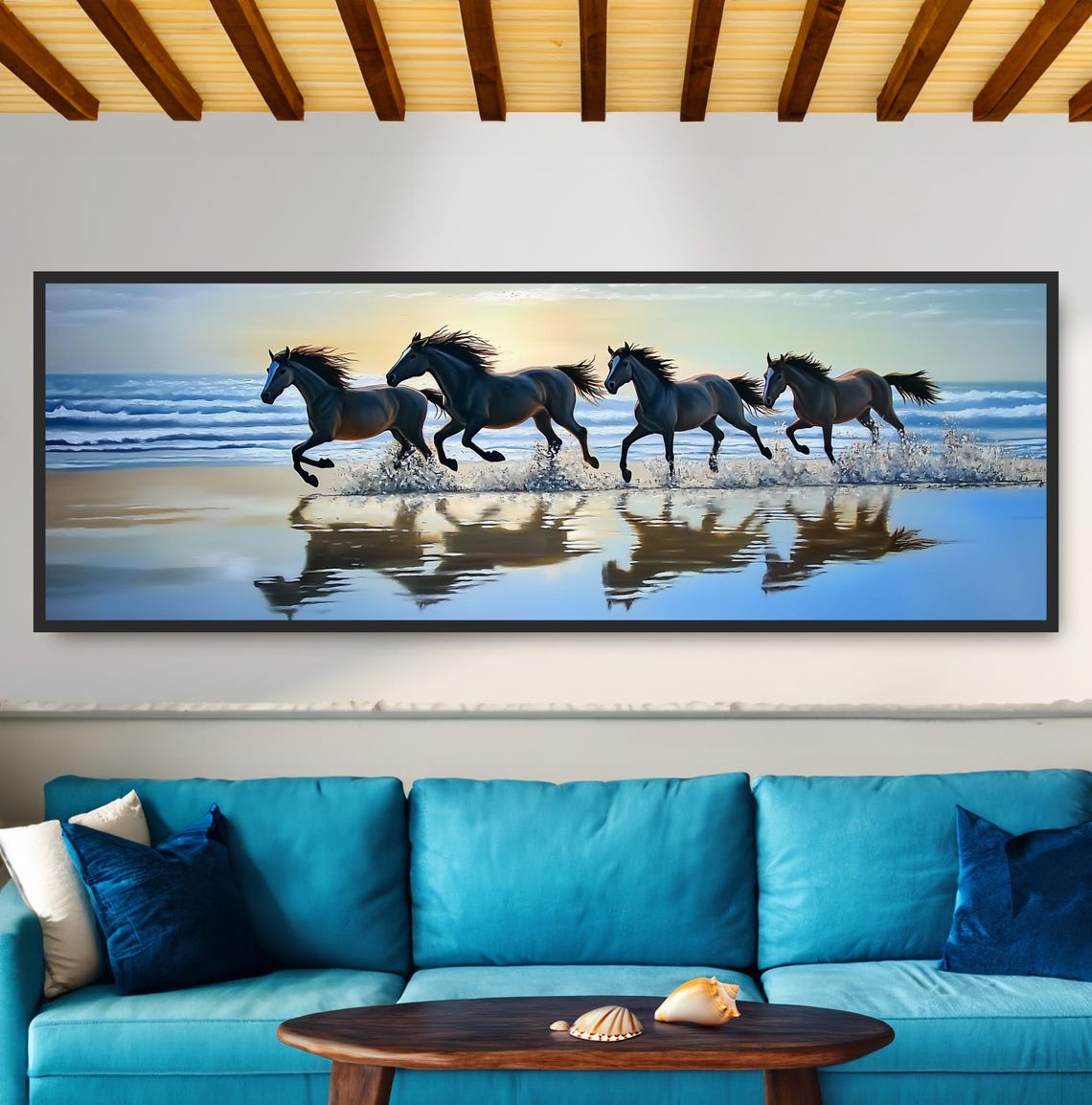 Four Horses Galloping Beach Sunset Ocean Shoreline Equine Print
