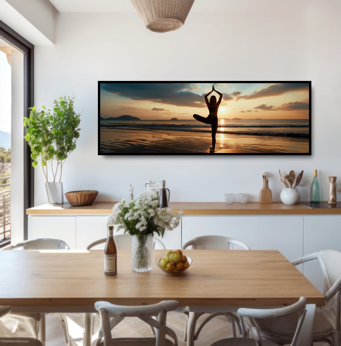 Beach Yoga Tree Pose Sunrise Silhouette Golden Ocean Panoramic Poster - Image 3