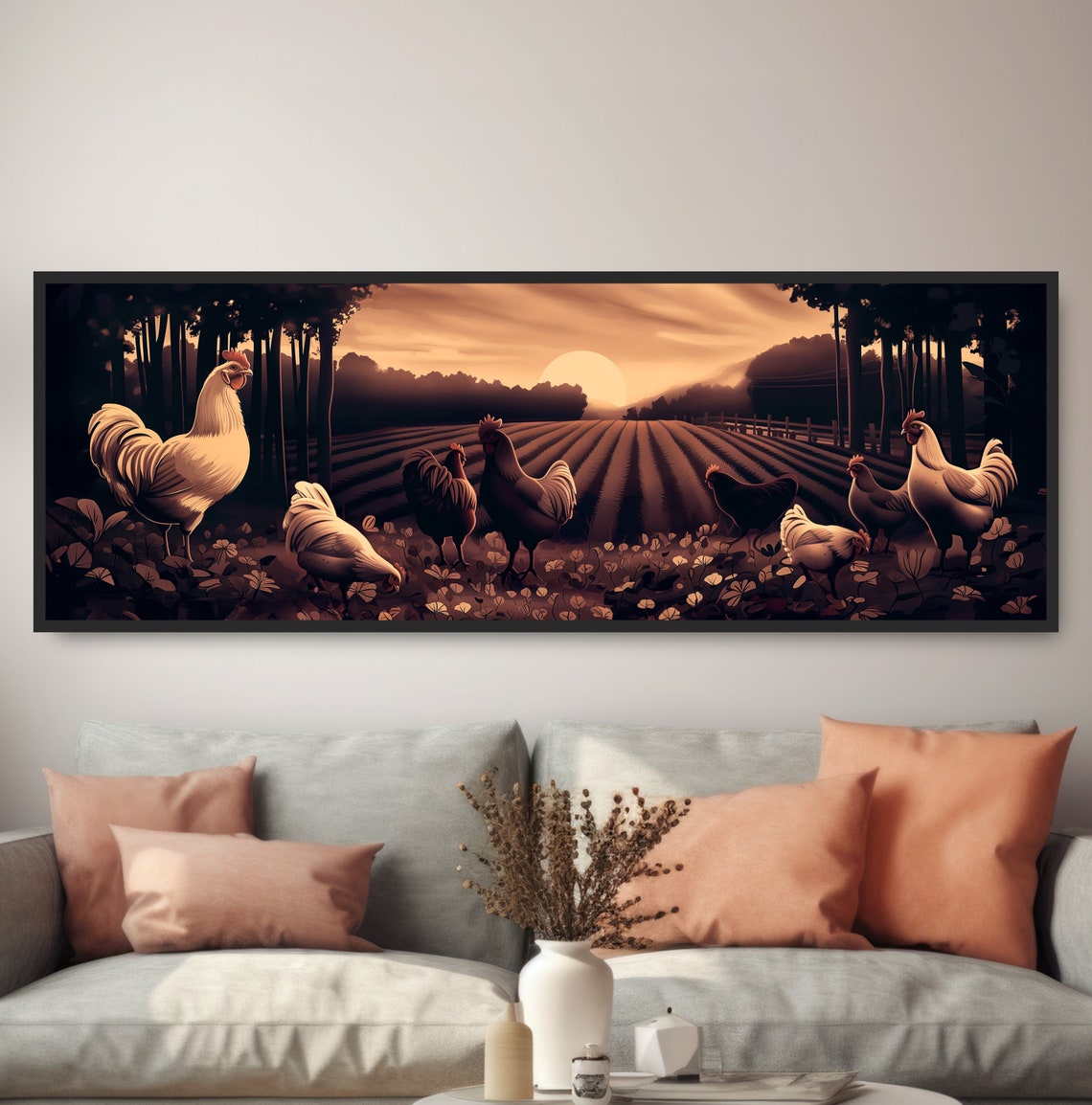 Rooster And Chickens Farm Sunrise Golden Fields Painterly Art Poster
