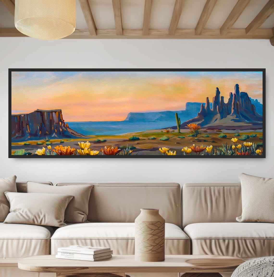 Desert Buttes Sunset Panoramic Painting Red Rock Mesas Wildflower Art - Image 5