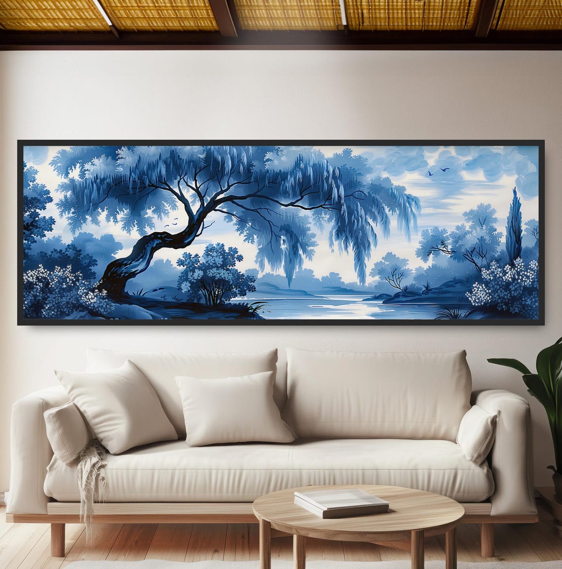 Misty Blue Lake Willow Painting Chinoiserie Panoramic Morning Print