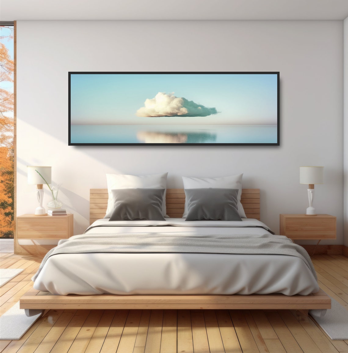 White Cloud Floating Over Calm Ocean Minimalist Blue Sky Art Poster - Image 4