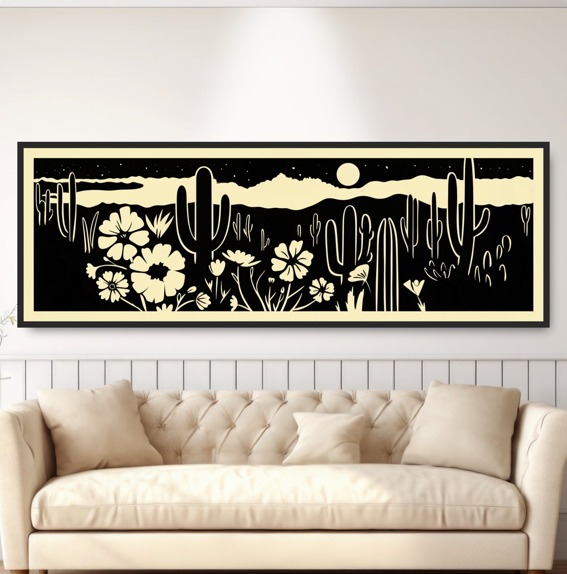 Desert Night Wildflowers Saguaro Cactus Moon Woodcut Style Poster