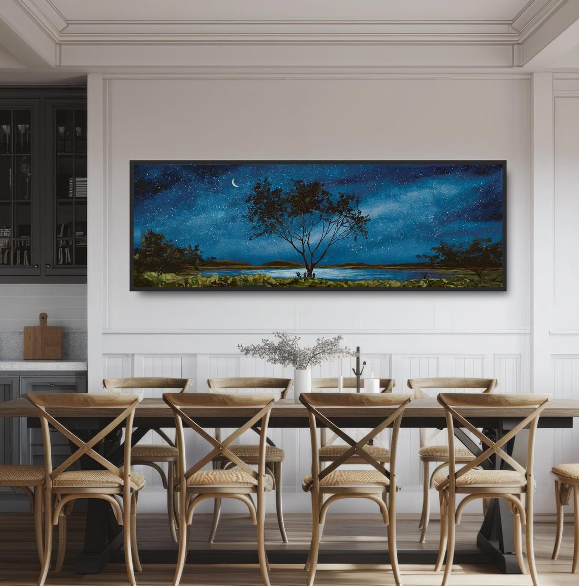 Crescent Moon Starry Night Lake Lone Tree Calm Nature Wall Art - Image 3