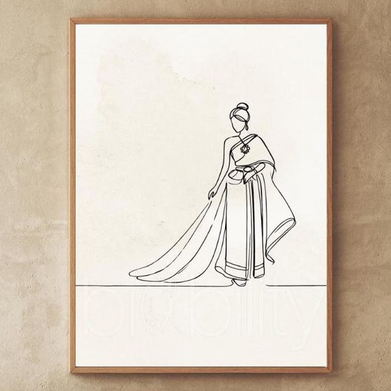 Thai Chut Continuous Line Drawing Vertical Poster Black And White Disney Princess Gowns Thailand Traditional Dress Decor Gift