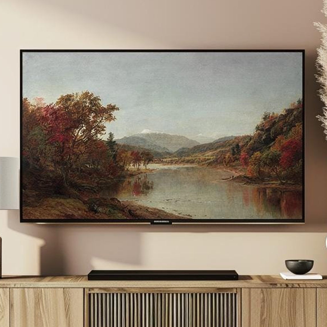 Tranquil Autumn River Valley With Distant Mountains Vintage Poster - Image 2