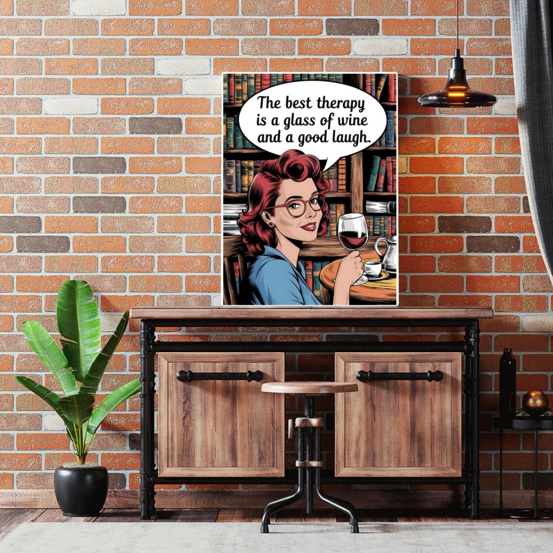 Retro Pop Art Redhead Lady Wine Glass Best Therapy Quote Poster - Image 5