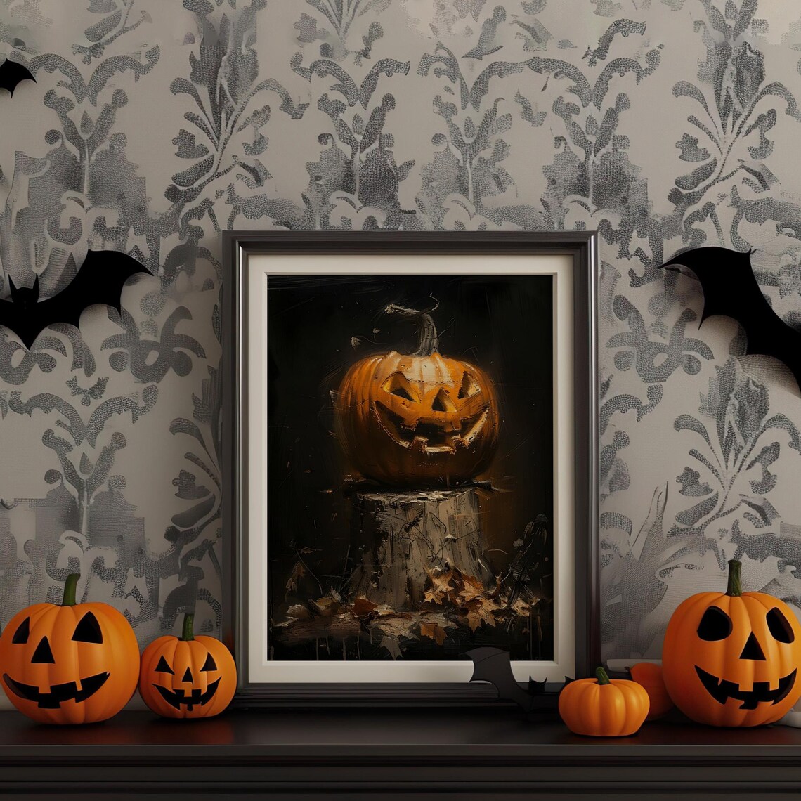 Glowing Jack O Lantern Tree Stump Dark Moody Halloween Poster