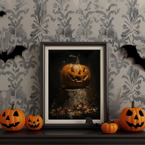 Glowing Jack O Lantern Tree Stump Dark Moody Halloween Poster