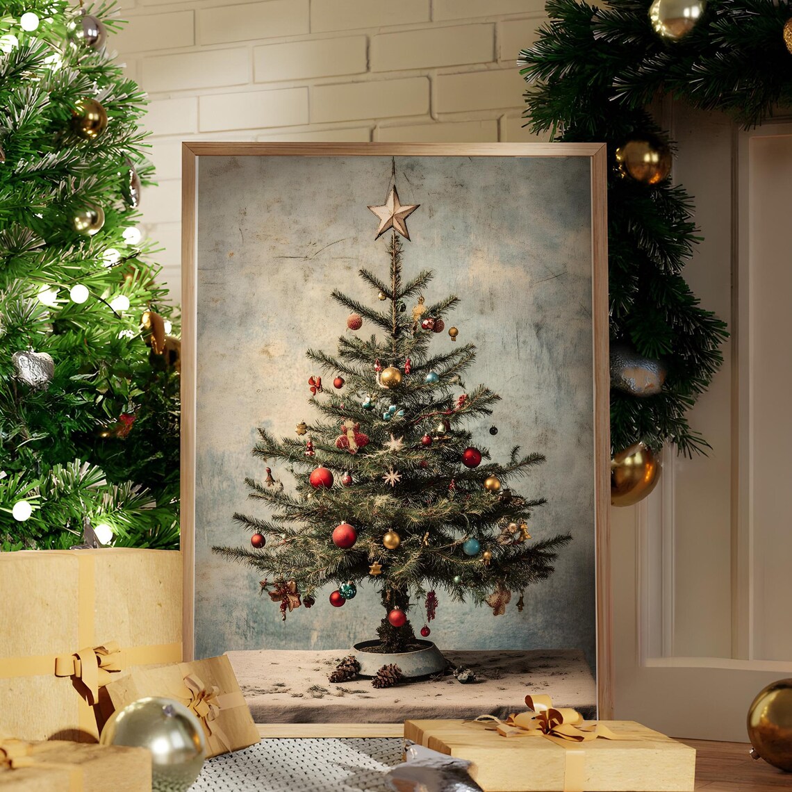 Vintage Christmas Tree With Star Topper In Muted Painterly Style Poster