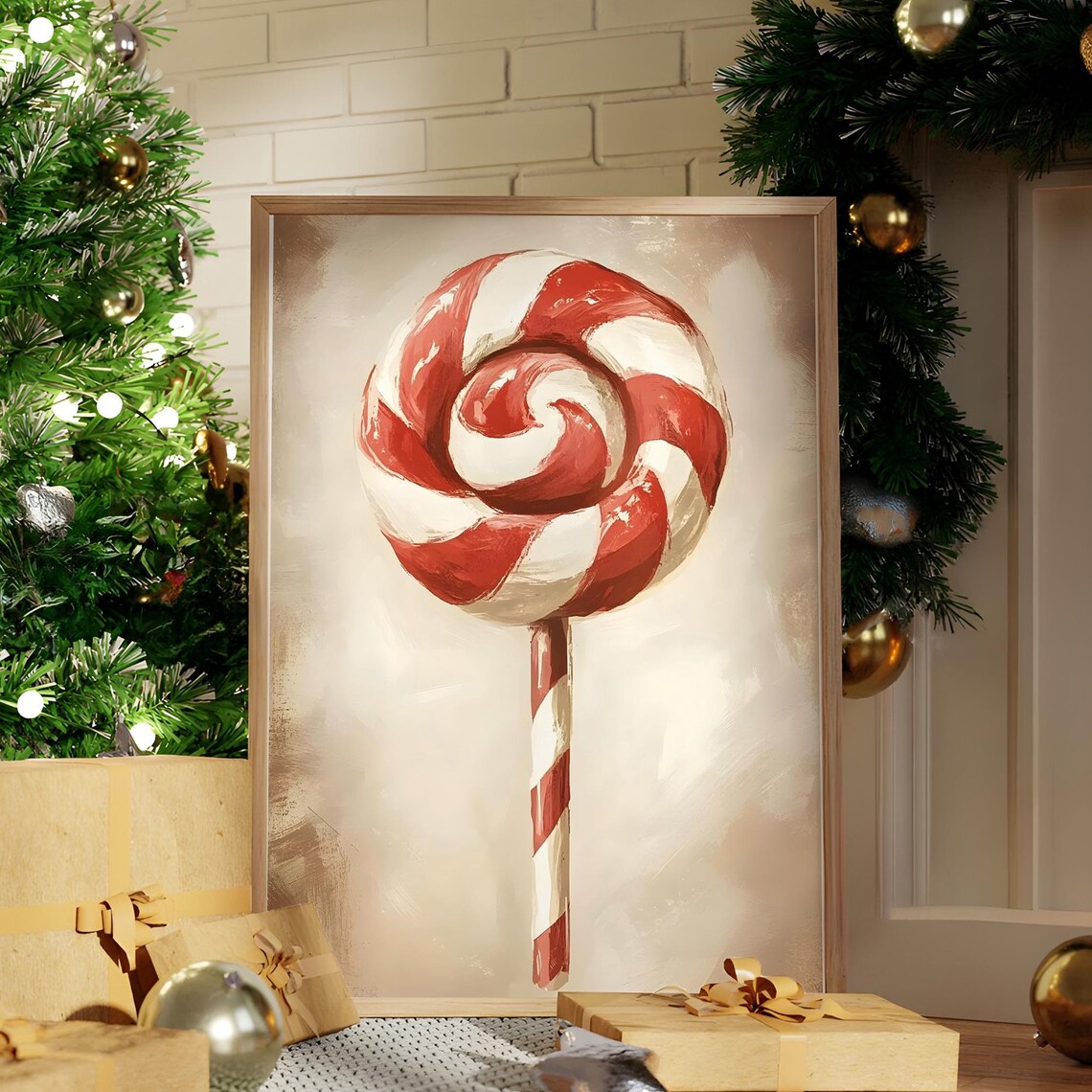 Vintage Peppermint Candy Lollipop Swirl Christmas Art Poster