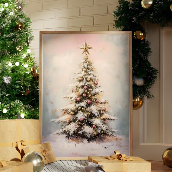 Pink Gold Snowy Christmas Tree Star Watercolor Painting Poster