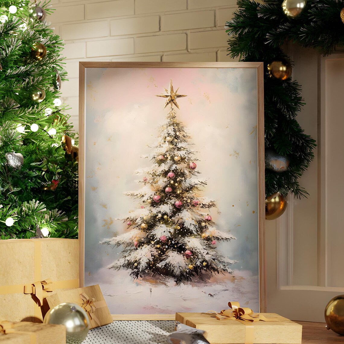 Pink Gold Snowy Christmas Tree Star Watercolor Painting Poster