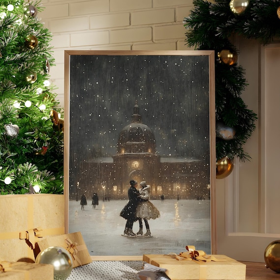 Romantic Ice Skating Couple Night Snow Winter Scene Art Print