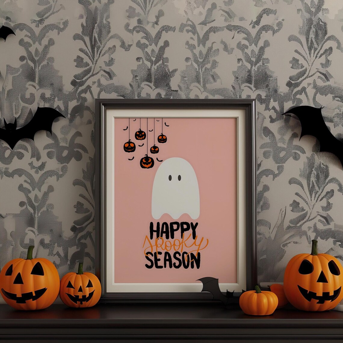 Happy Spooky Season Ghost and Pumpkins Pink Halloween Art Poster