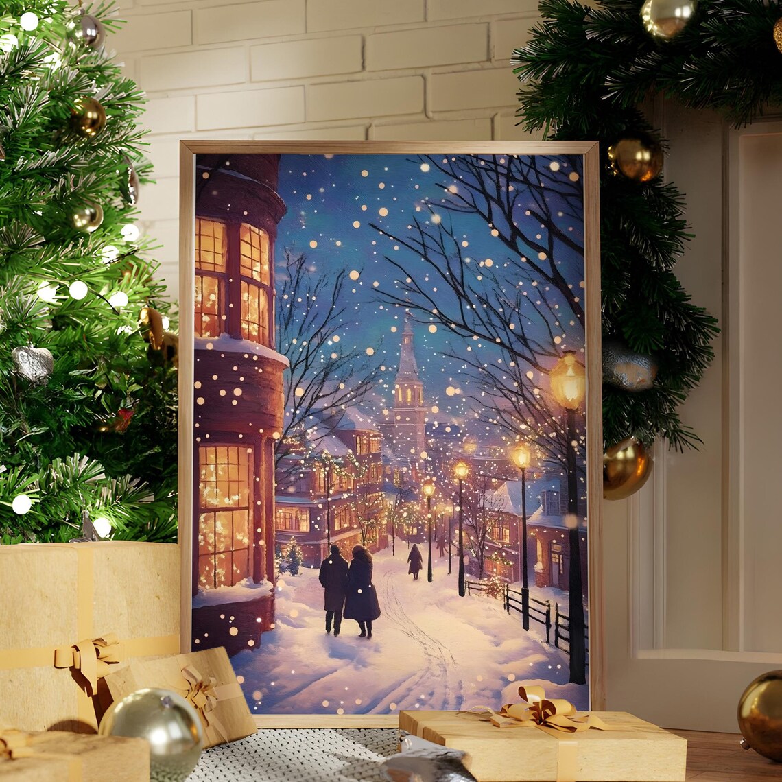Snowy Village Winter Evening Street Vintage Christmas Scene Poster
