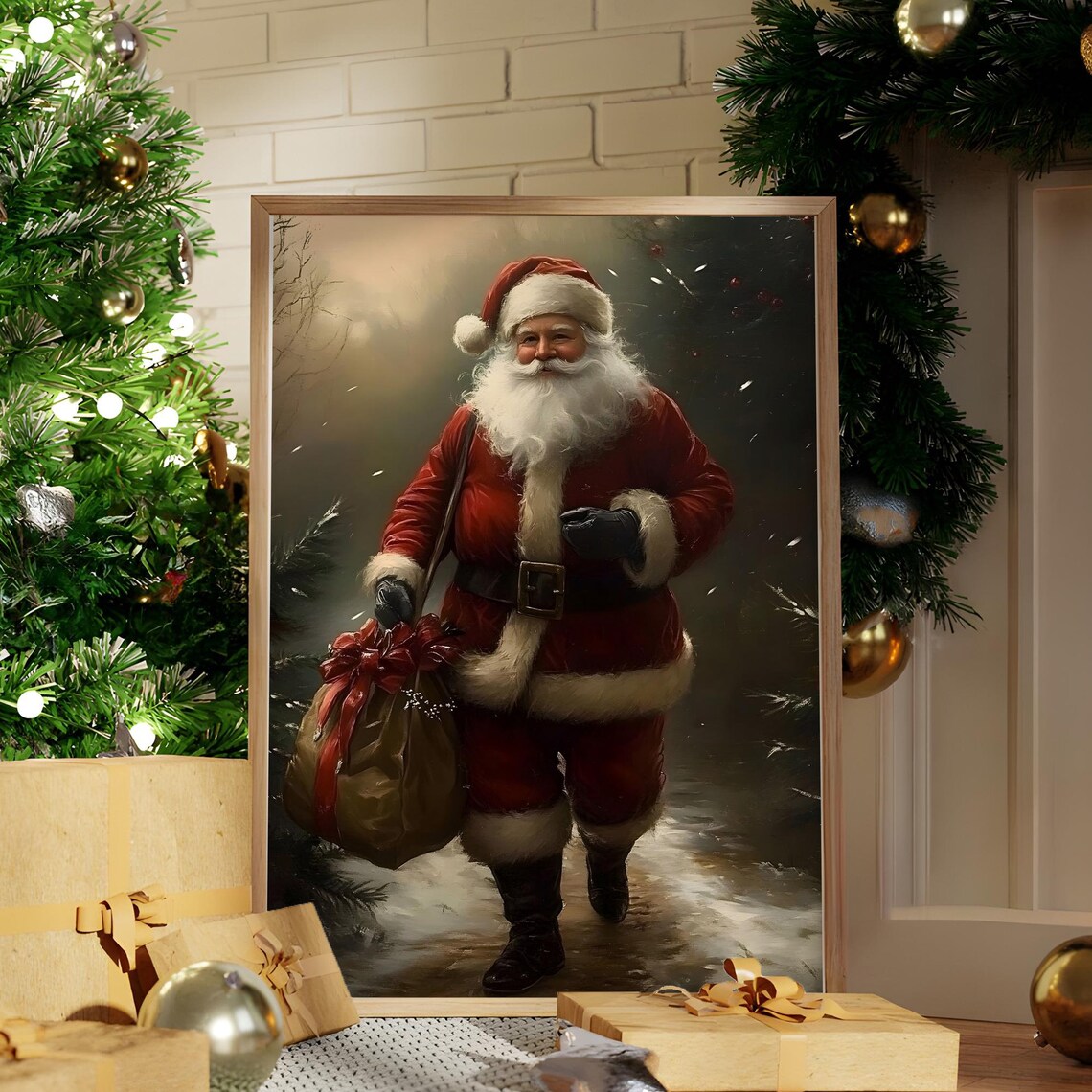 Vintage Santa Claus Carrying Gift Sack in Snow Christmas Poster