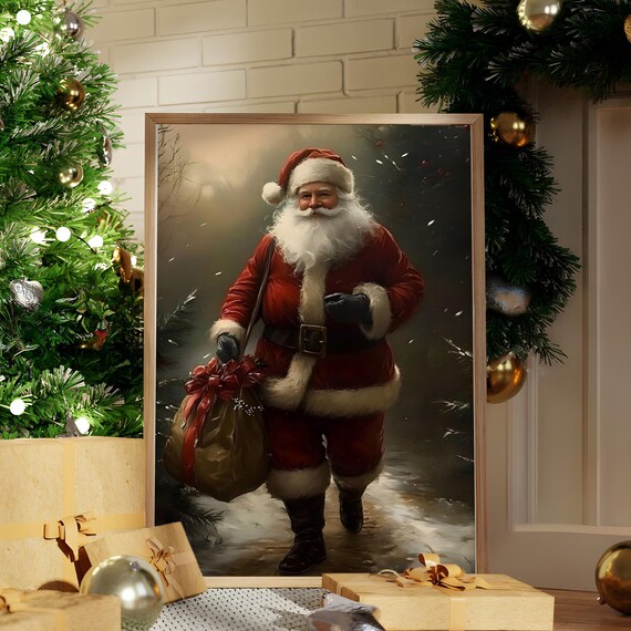 Vintage Santa Claus Carrying Gift Sack in Snow Christmas Poster