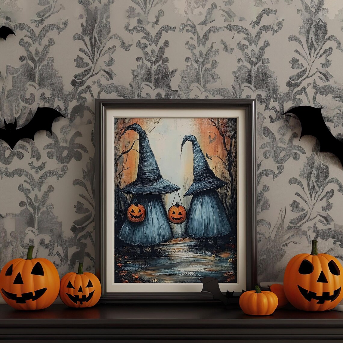 Two Little Witches Pumpkin Buckets Autumn Woods Painting Poster