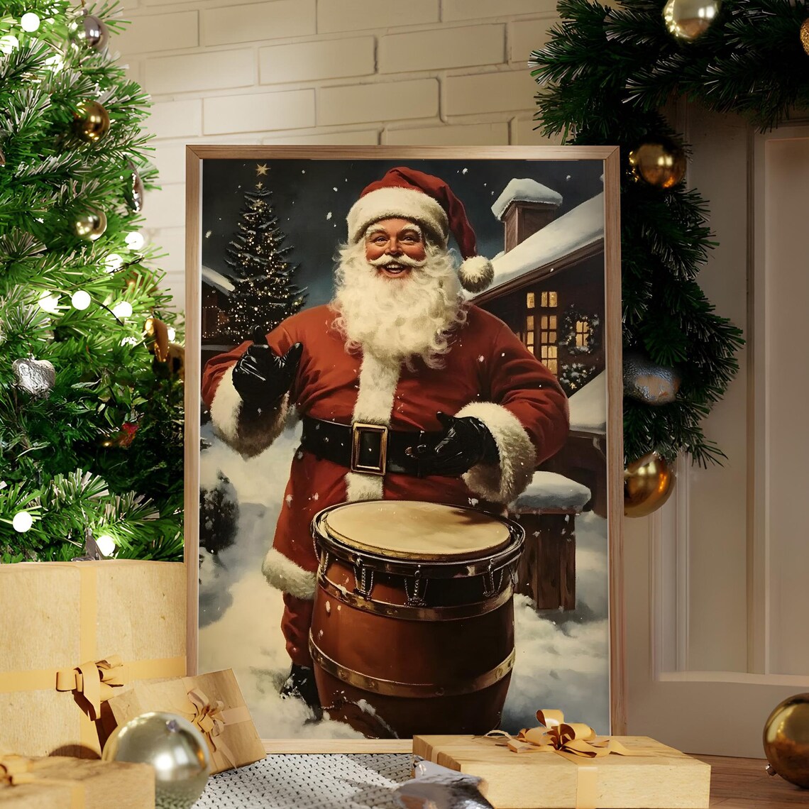 Vintage Santa Claus Playing Drum in the Snow Christmas Poster