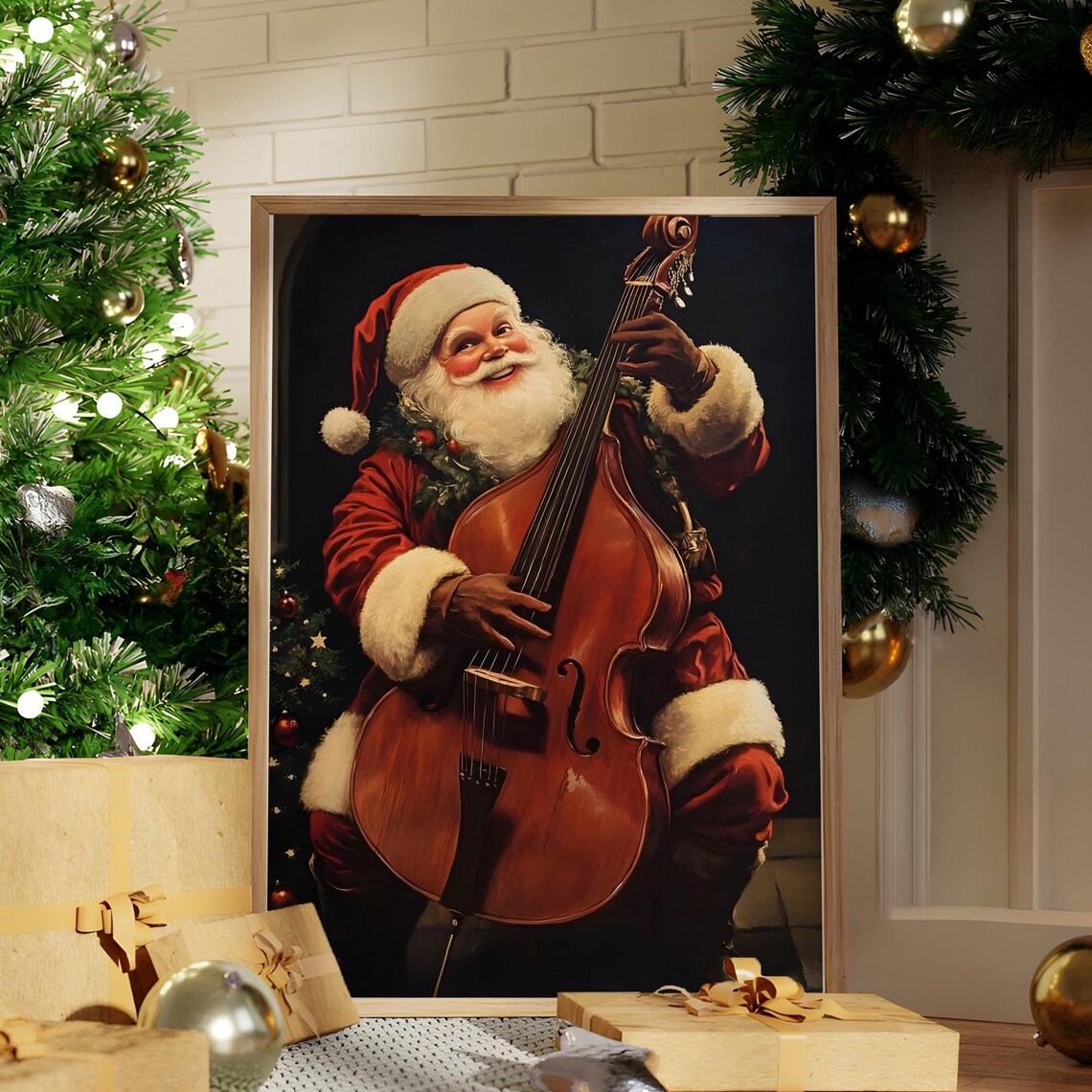 Santa Claus Playing Double Bass Musical Christmas Art Poster