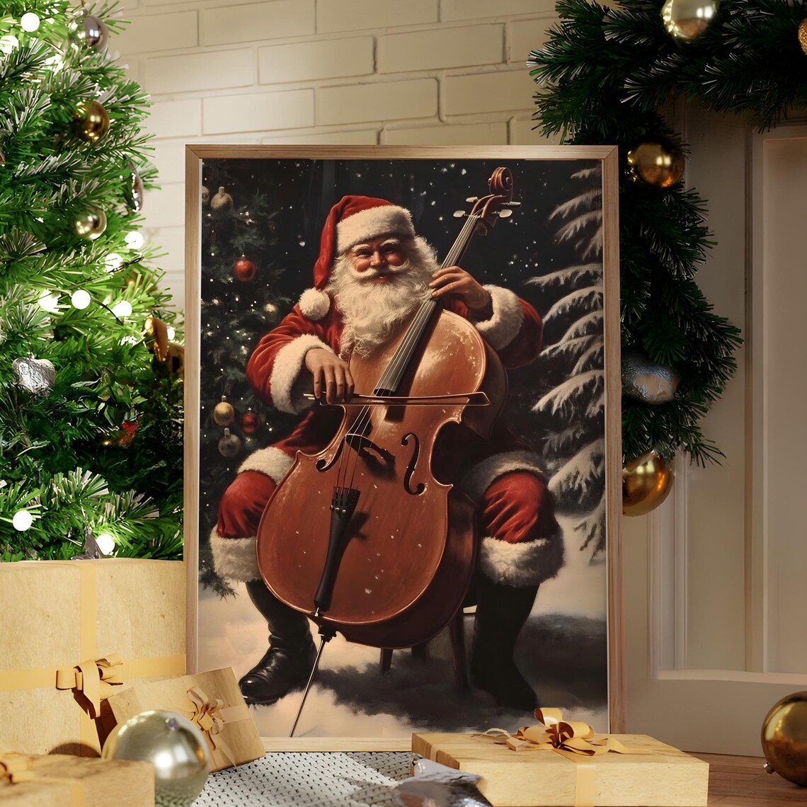 Santa Claus Playing Cello Snowy Night Vintage Christmas Poster