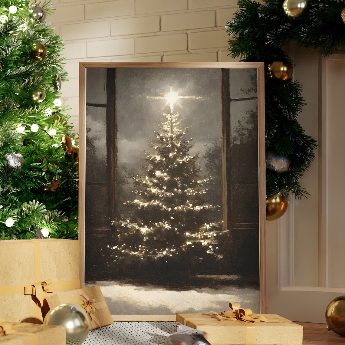 Glowing Christmas Tree At Night Moody Oil Painting Holiday Art Poster