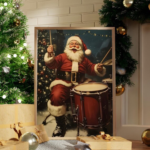 Joyful Santa Claus Playing Drums By Christmas Tree Vintage Poster