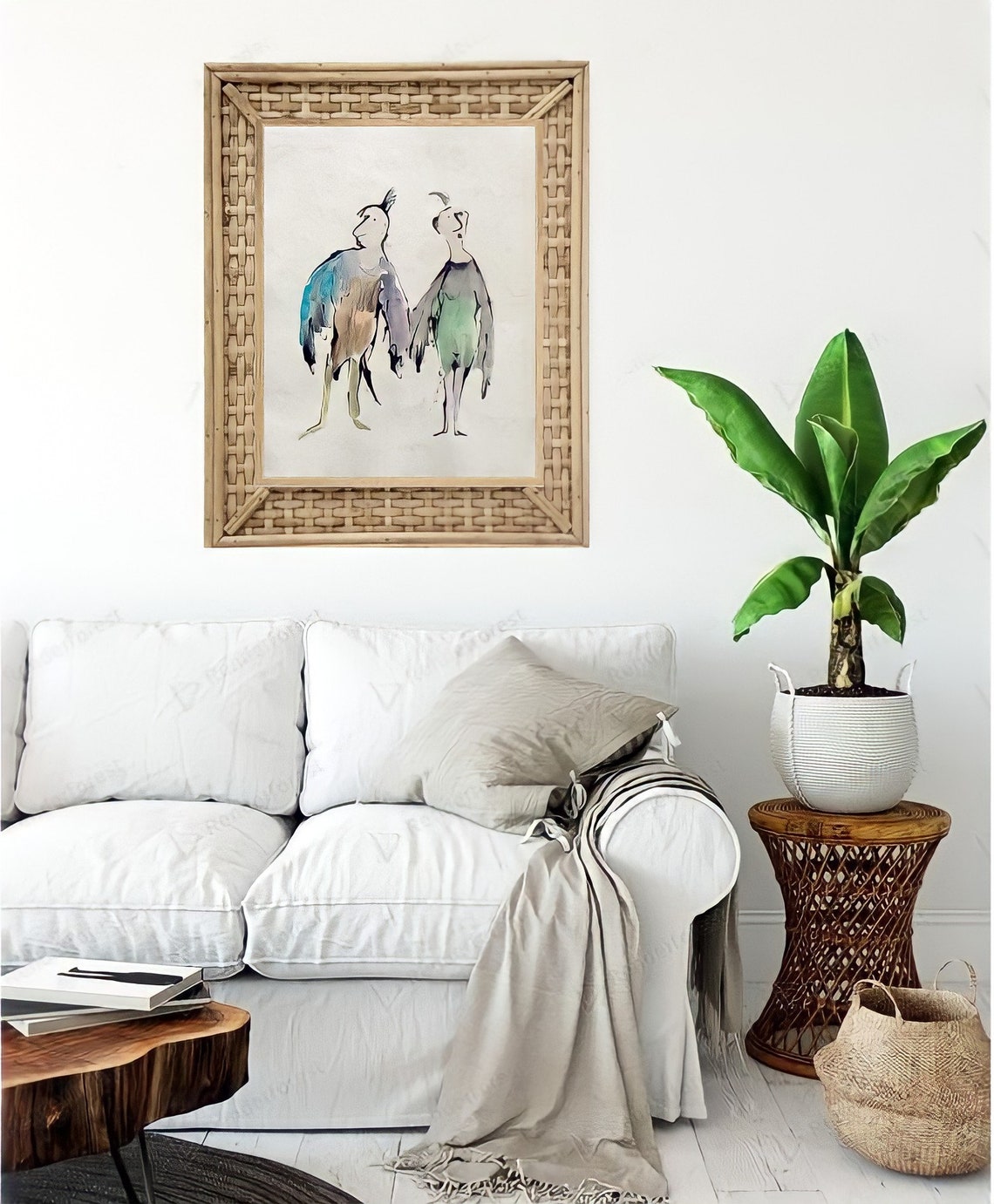 Whimsical Pair Of Quirky Bird People Loose Watercolor Art Poster - Image 3