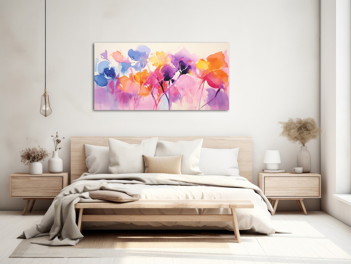 Vibrant Panoramic Watercolor Flower Field Purple Pink Art Poster - Image 2