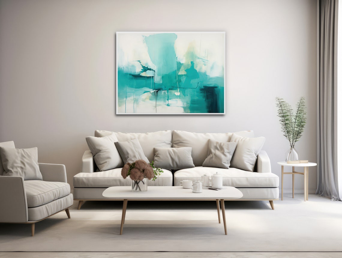 Teal White Abstract Landscape Soft Minimal Modern Coastal Wall Art - Image 3