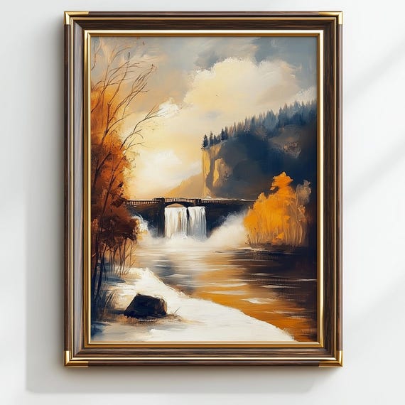 Frozen Waterfall In Serene Mountain Valley Rustic Winter Landscape Art Vintage Snowy Scene Wall Decor Instant 19