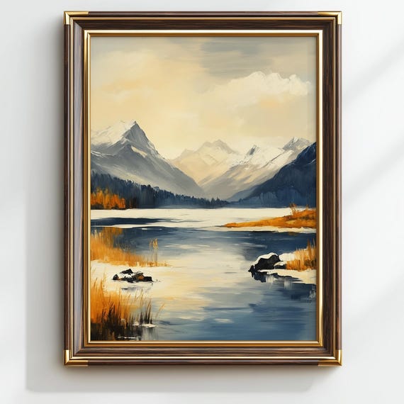 Frozen Lake Oil Painting Print Vintage Winter Mountain Landscape